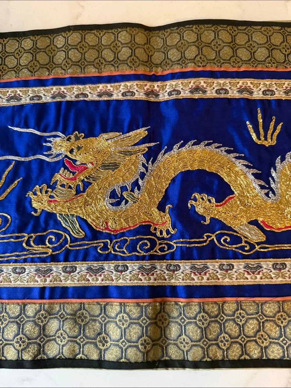 Vintage Embroidered Golden Dragon Table Scarf Handmade